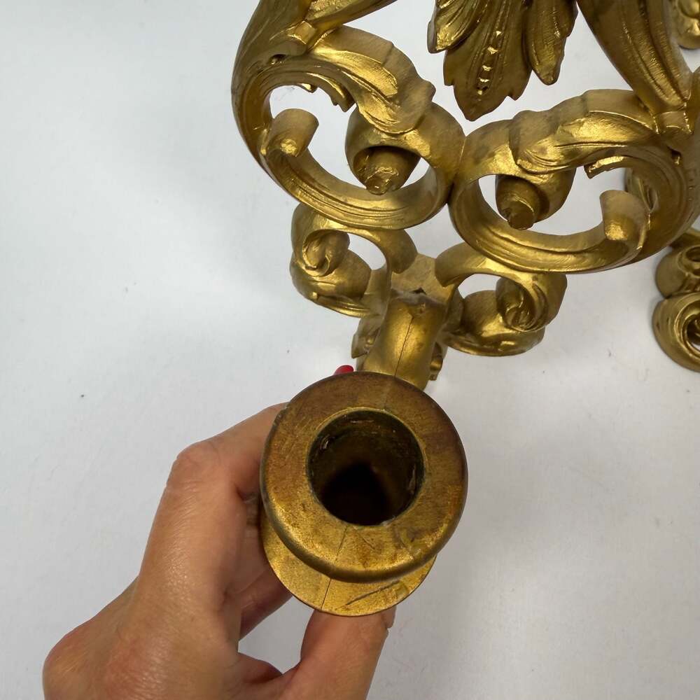Vintage Burwood Hollywood Regency Gold Wall Sconce Candle Holders Set of 2 - Picture 3 of 8
